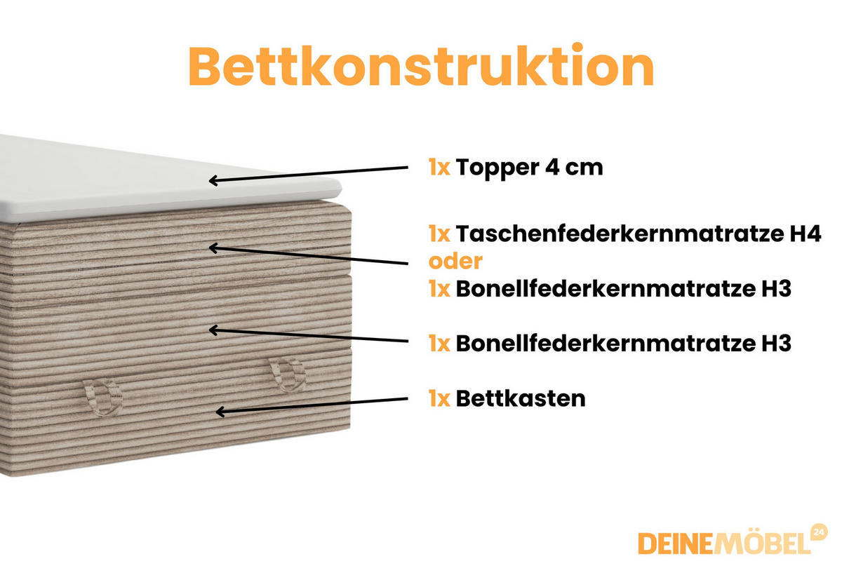 BOXSPRINGBETT JUNG 2 100/200 Cord Beige mit Matratzen H3 + H4 - Beige, Holz/Holzwerkstoff (100/200cm) - Deine Möbel 24