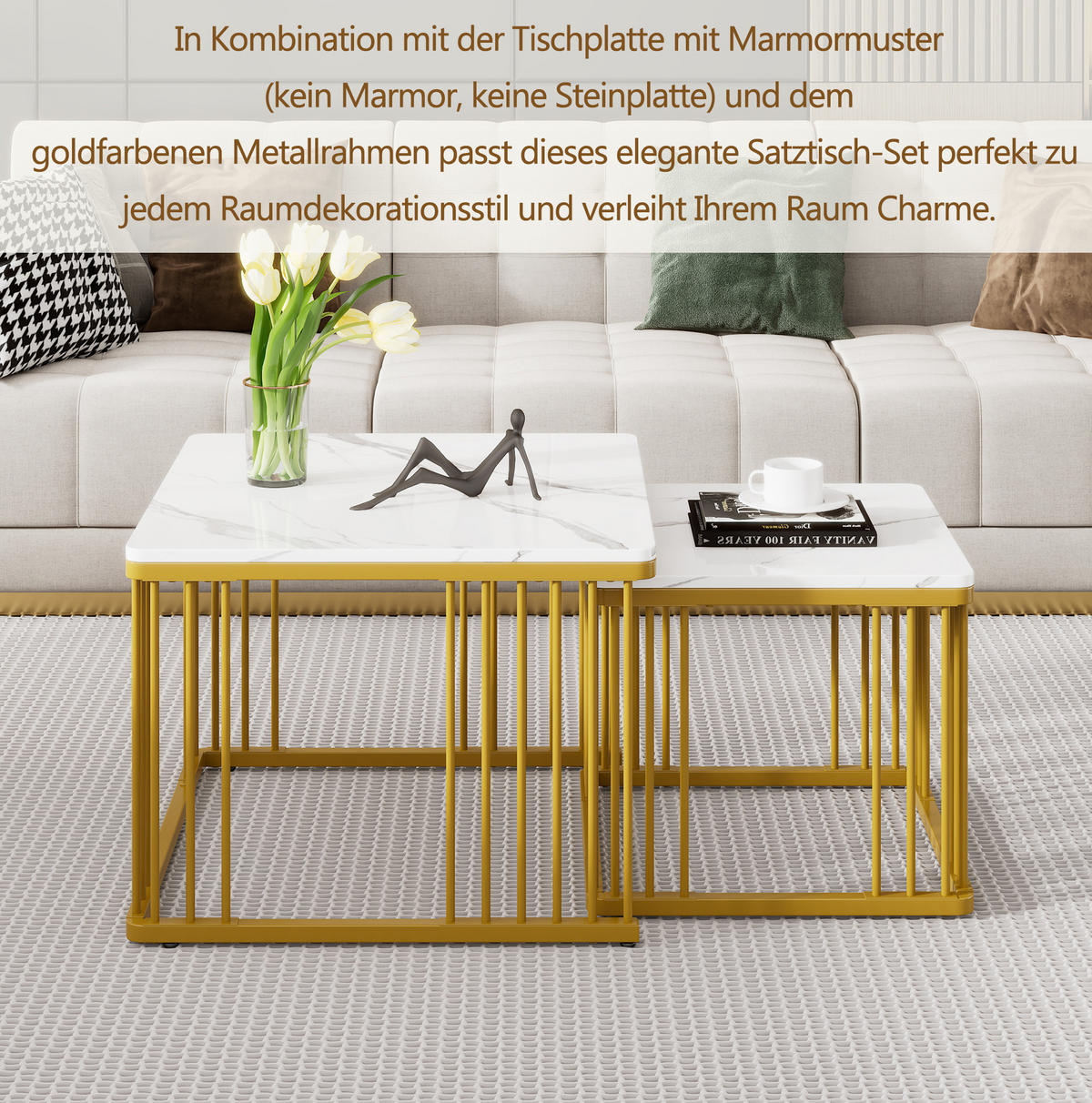 KLUBSKA miza, komplet 2 kosov, 60/60/45 in 45/45/40 cm, MDF bela v marmornem videzu - bela, leseni material (60/60/45cm) - BEAOK