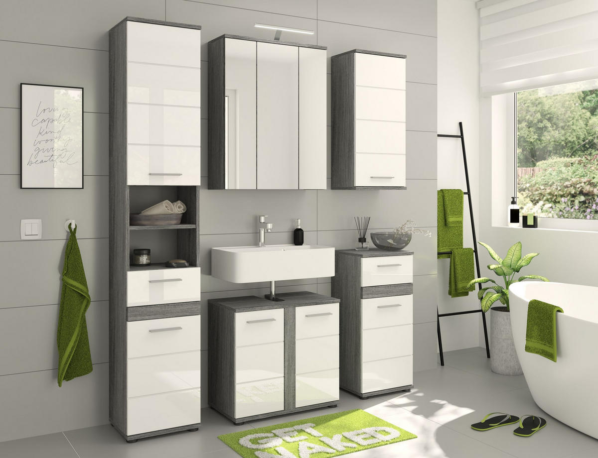 WASCHBECKENUNTERSCHRANK Blake Bad in Rauchsilber Nb. und weiß hochglanz B/H/T: 60x57x34 cm - Silberfarben, Holz (57/60/34cm)