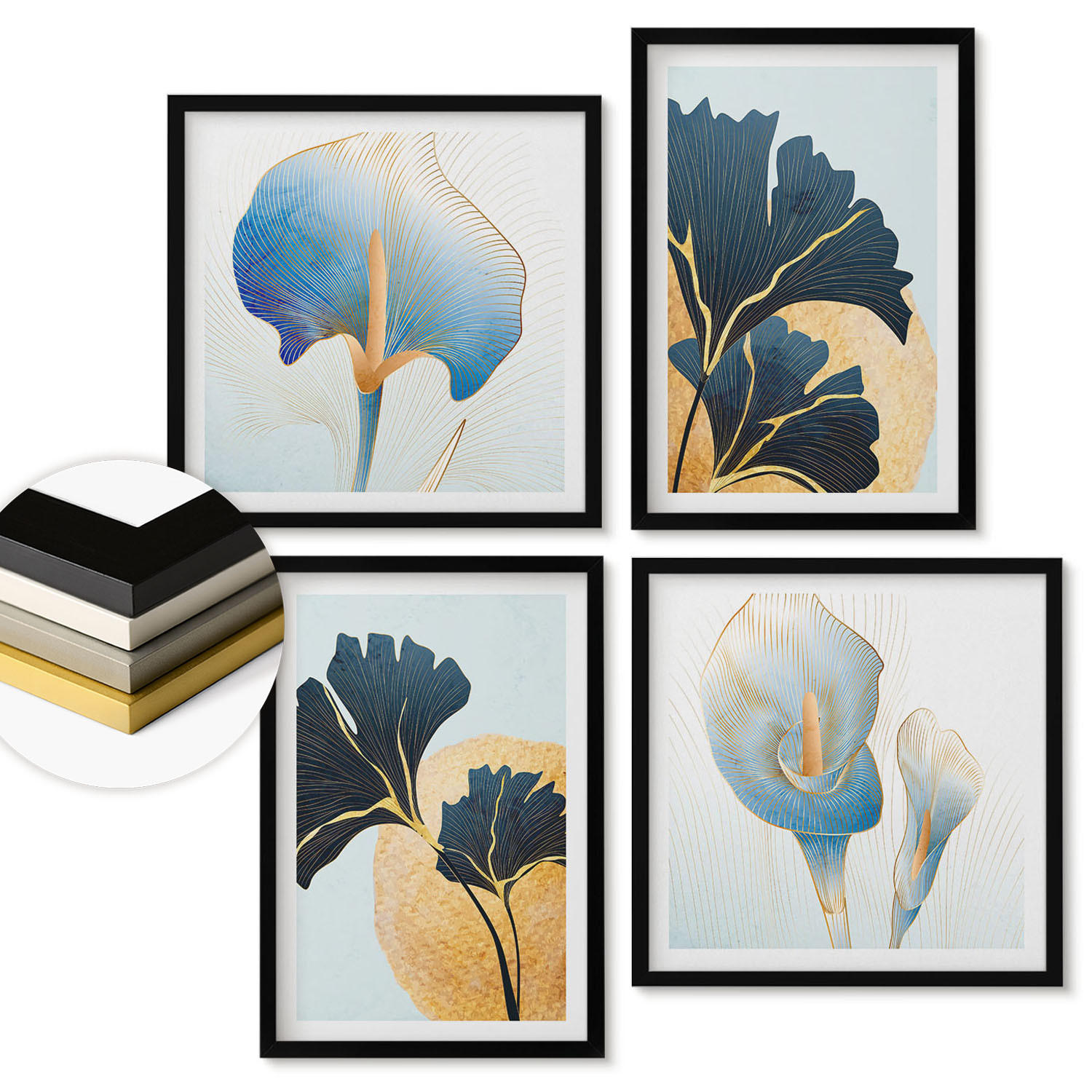 WANDBILDER 4er-Set - 50x50 cm & 40x60 cm Schwarzer Rahmen - Zitronenweinporträt Kahlo - Schwarz, Kunststoff (50/50cm) - ArtPrintCave