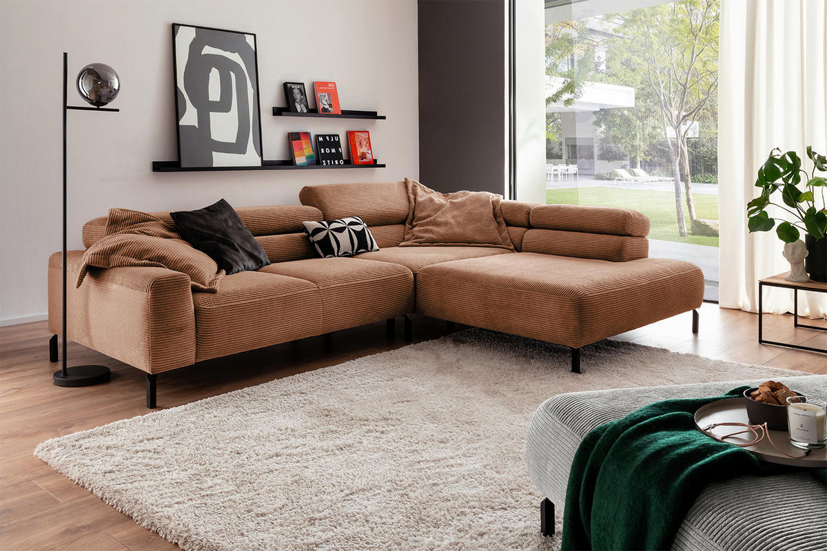 ECKSOFA DELIA Braun Cord - Dunkelbraun/Schwarz, Textil/Metall (312/219cm) - KAWOLA