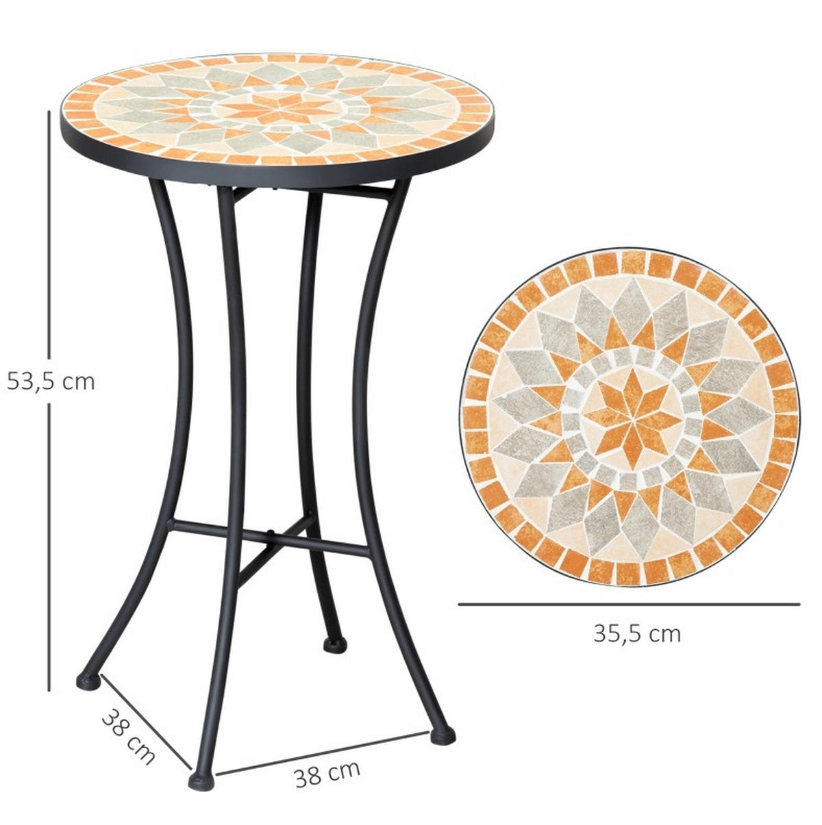GARTENTISCH 35,5/35,5/53,5 cm als Beistelltisch mit Mosaikplatte und wetterfestem Metallgestell, Schwarz - Naturfarben, Metall (35.5/35.5/53.5cm) - Redom