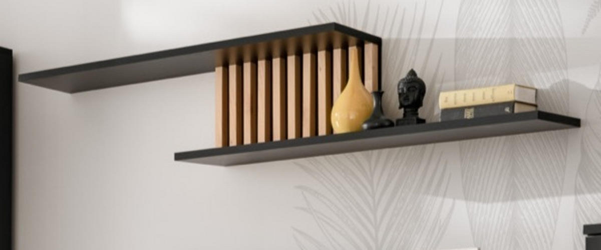 WANDBOARD schwarz, Eiche Jackson 162 cm, Wandregal mit 3D Lamellen - Eichefarben/Schwarz, Holzwerkstoff (160/30/25cm) - Furn.Design