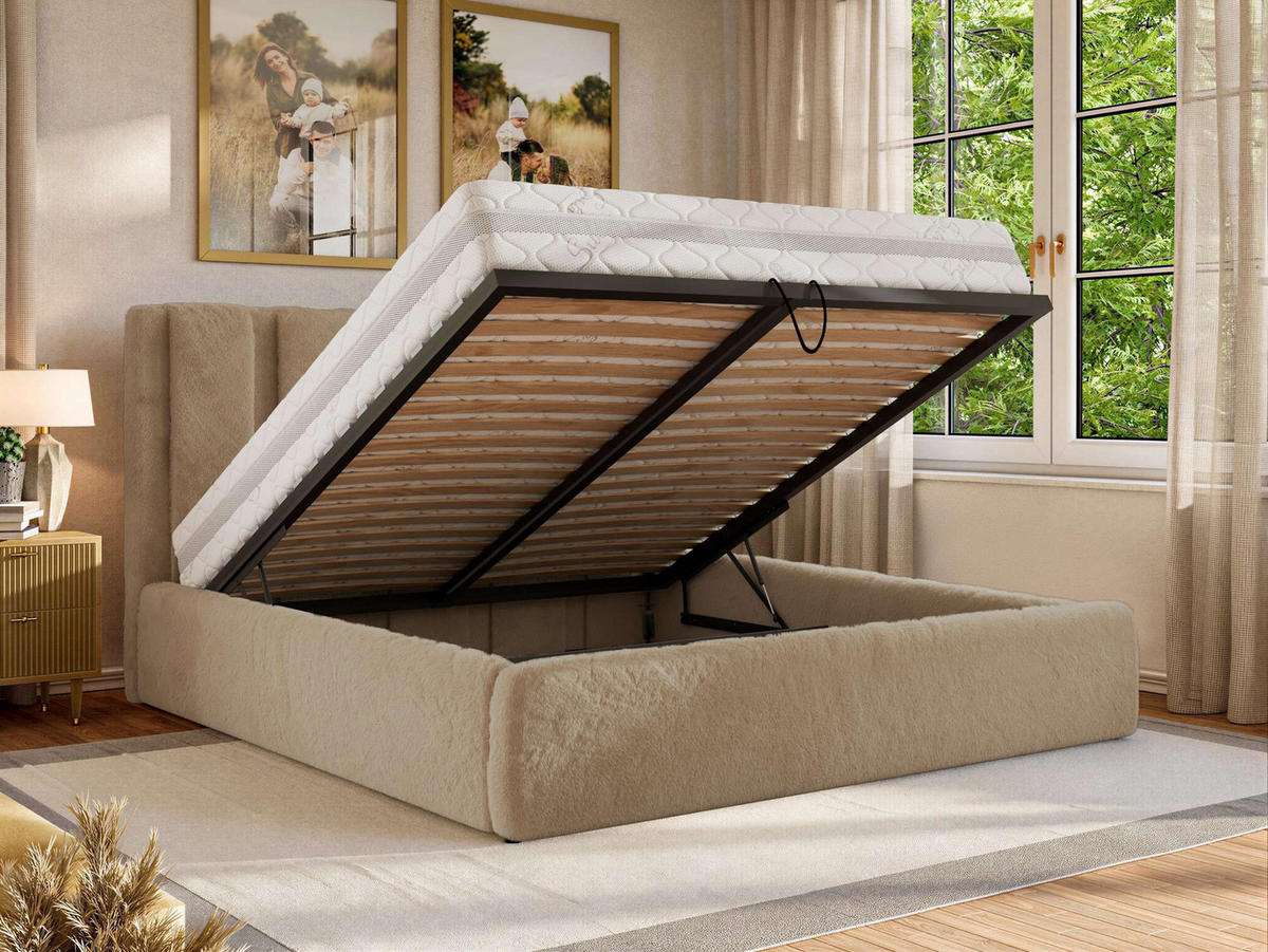 POLSTERBETT SAVINO CLASSIC 160/200 - Beige Plüsch - Schaum-Matratze - Beige, Textil (160/200cm) - MKS