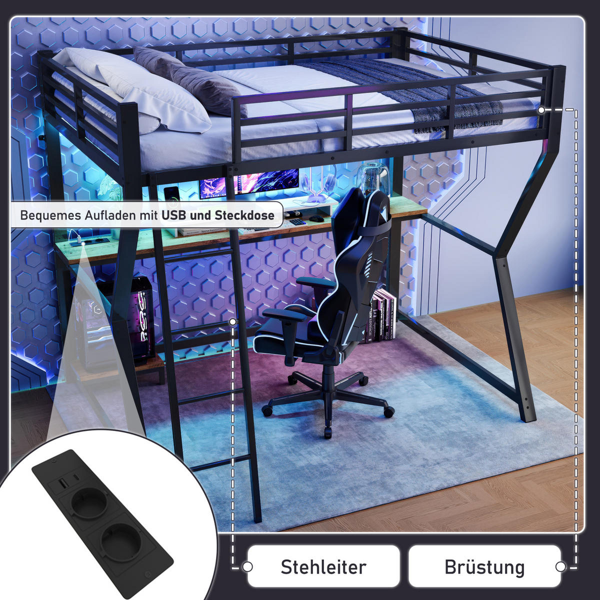 HOCHBETT 90/200 cm mit LED-Beleuchtung, Schreibtisch und USB-Anschluss - Schwarz, Metall (90/200cm) - Flora Grace