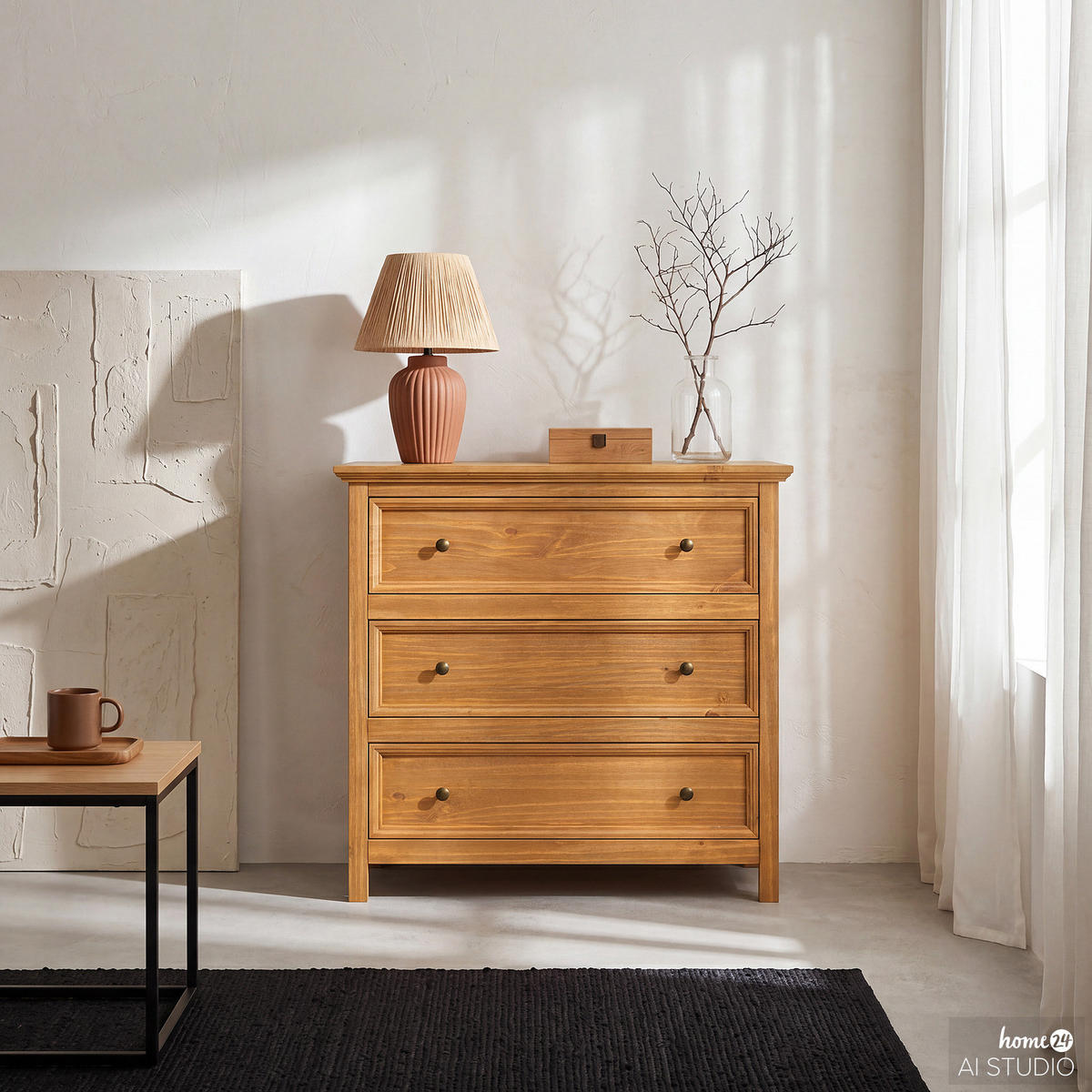 MASSIVE KOMMODE - Massivholz - Natur - Braun/Kieferfarben, Holz/Metall (96/89/42cm) - home24