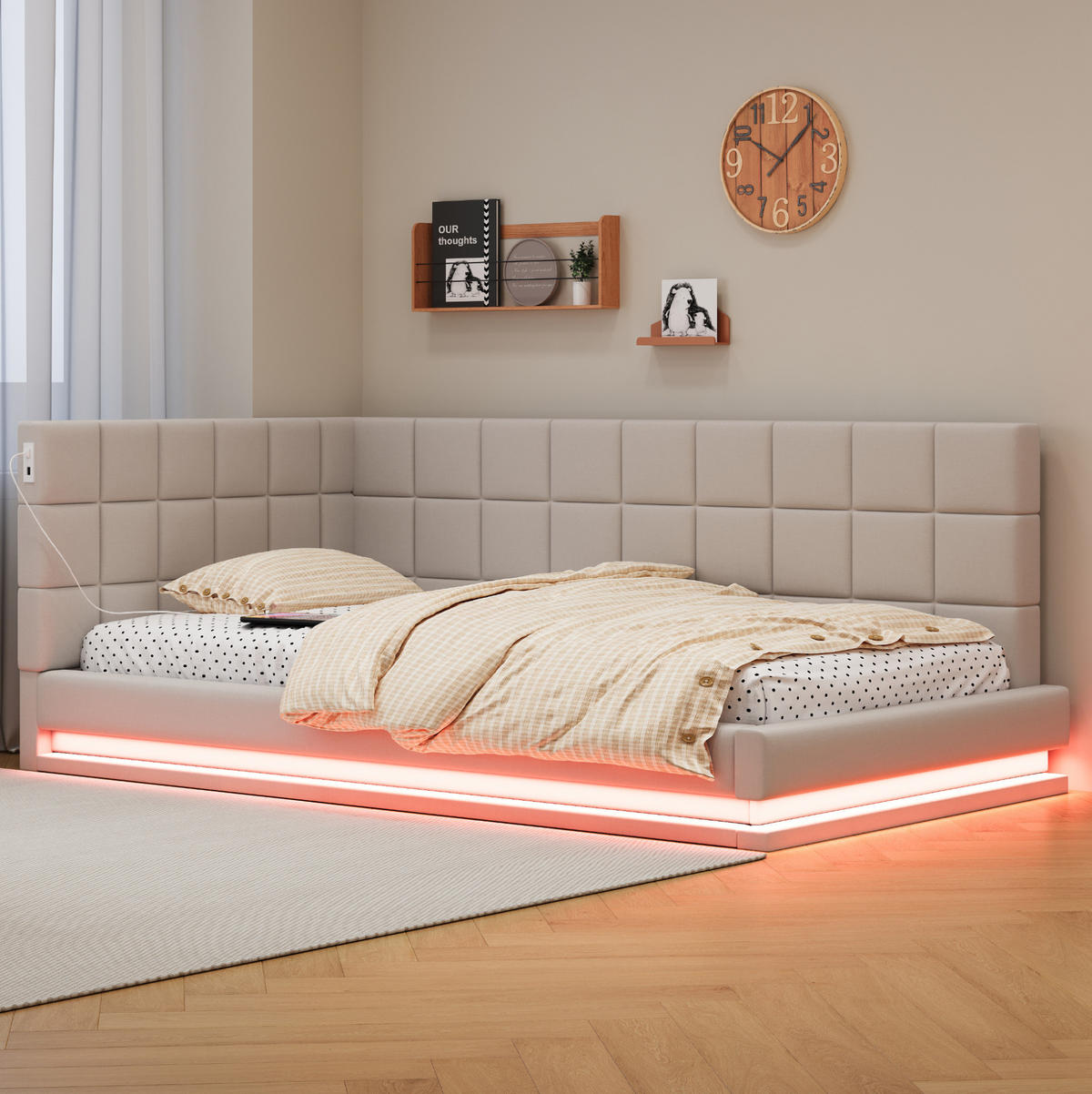 POLSTERBETT 90/200 cm aus Leinen mit LED-Lichtleiste und USB-Steckdose Beige - Beige, Textil (90/200cm) - Modenvie