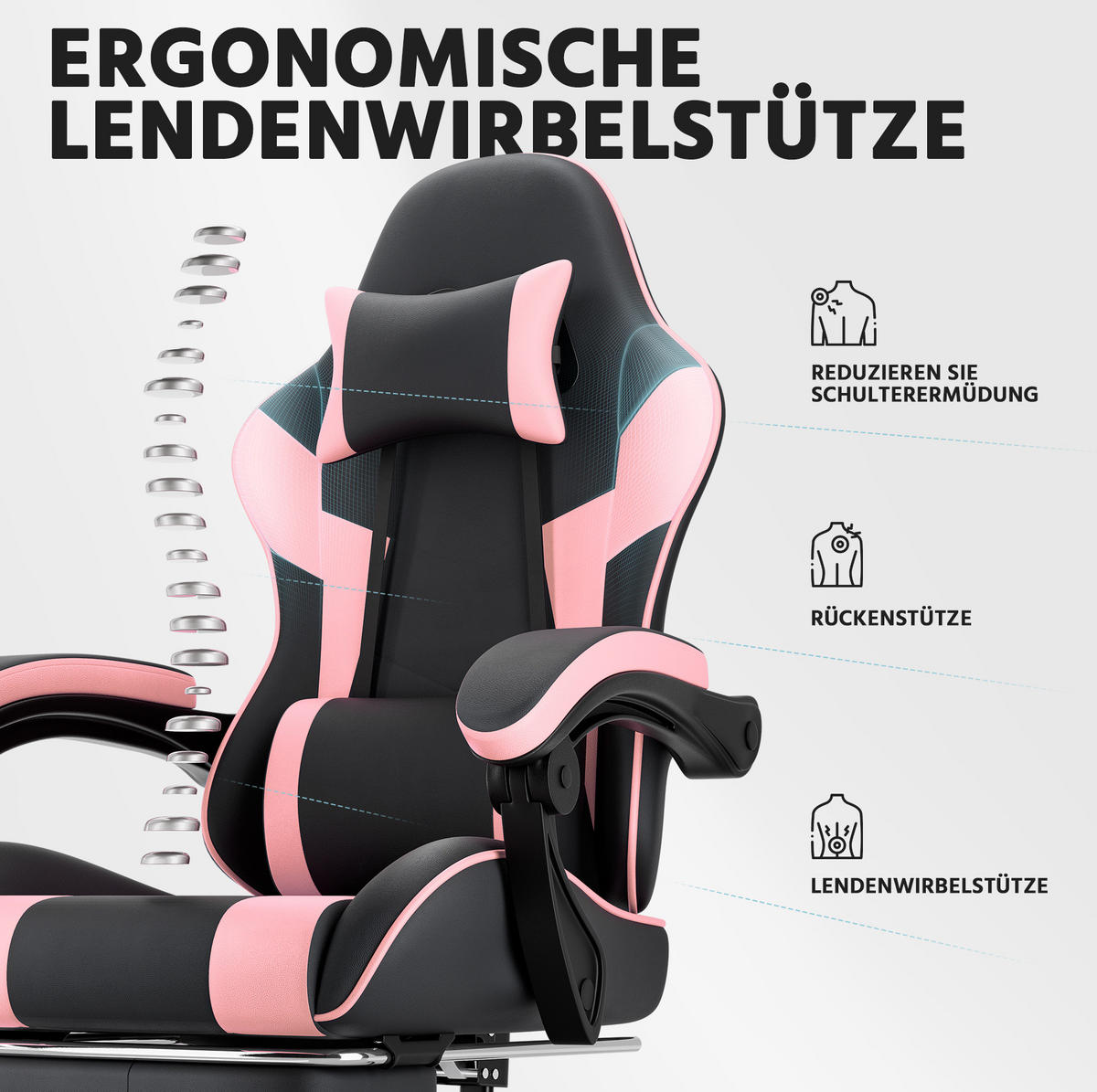 GAMINGSTUHL ergonomisch mit Fußstütze PVC Pink/Black - Pink, Kunststoff (63/120.5/58.5cm) - Meubliv