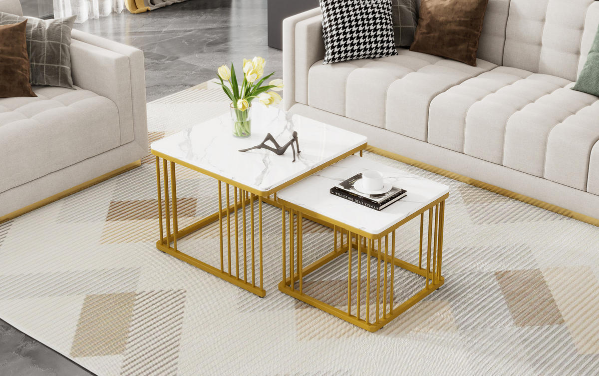 COUCHTISCH 60/60/45 cm + 45/45/40 cm weiß aus MDF mit Hochglanz-Marmoroptik, ineinander schiebbar - Weiß, Holzwerkstoff (60/60/45cm) - OKMYHOME