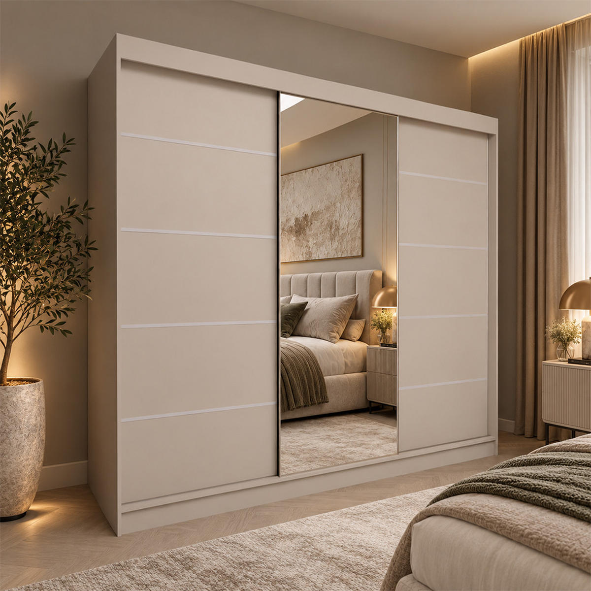 KLEIDERSCHRANK Malika 240 cm Kaschmir Spiegel 4 Schubl. Griffe silber - Kaschmir, Holzwerkstoff (240/216/61cm) - KS Home Concept