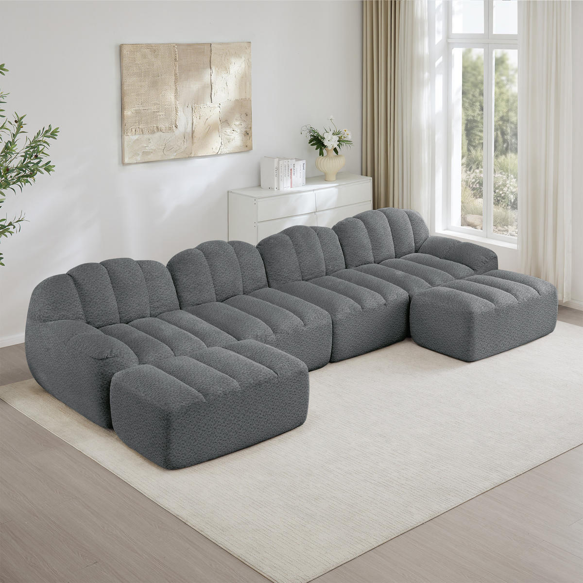 WOHNLANDSCHAFT Granulierter Fleece Grau mit 2 Ottomanen - Grau, Textil (366/79/165cm) - WISHDOR