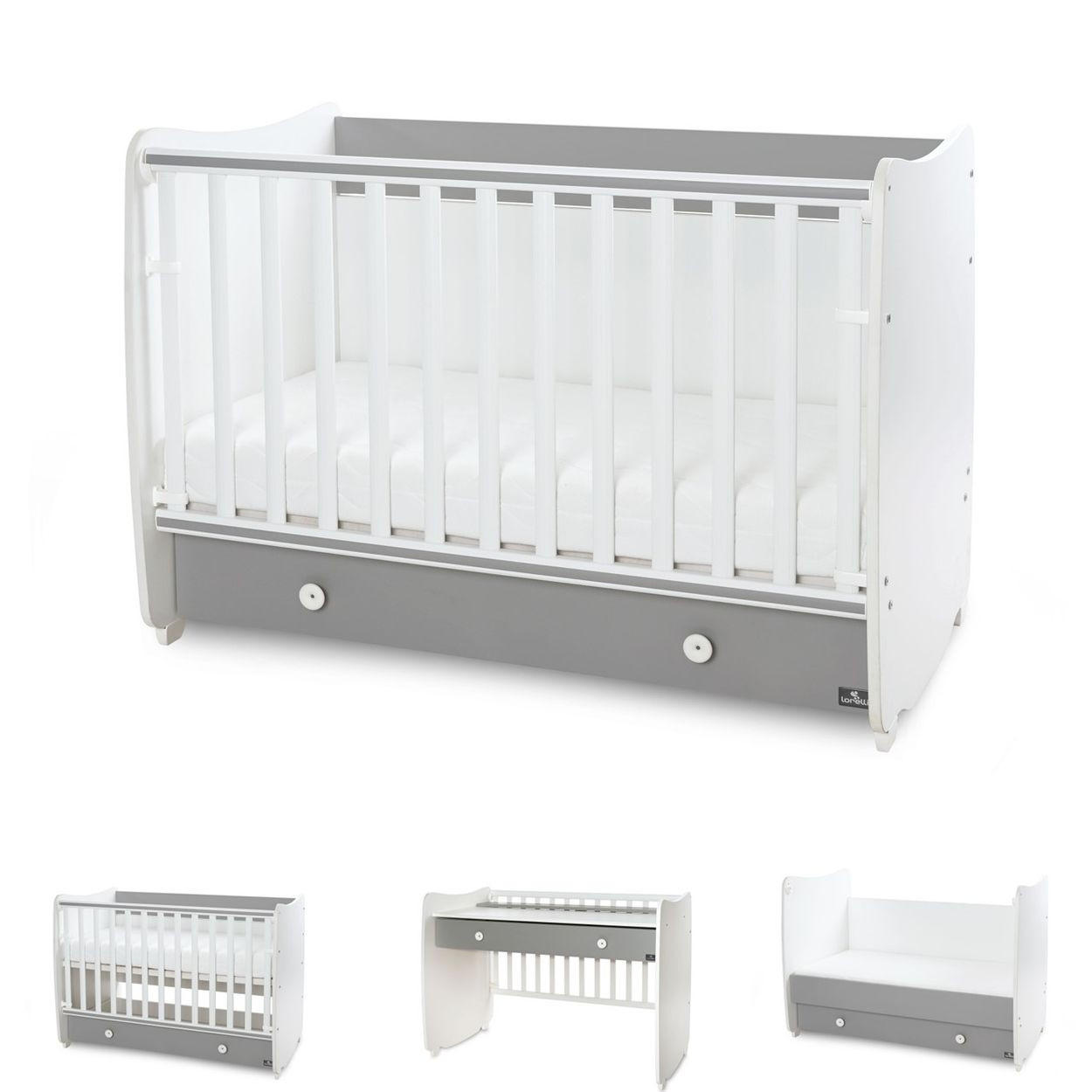 BABYBETT Dream NEW weiß dunkelgrau 140 x 70 cm, Schaukelbett, Schreibtisch, Schublade, Hubgitter - Grau, Holzwerkstoff (70/140cm) - Lorelli