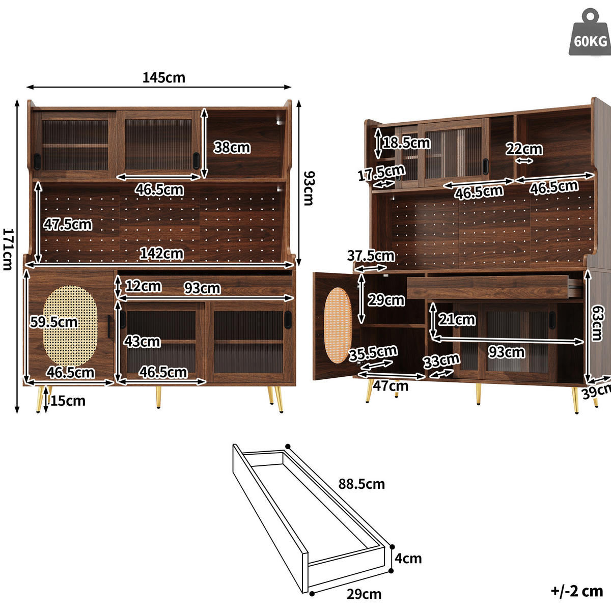 BUFFET 145/39/171 cm aus MDF mit LED-Lichtleiste Braun - Braun, Holzwerkstoff (145/171/39cm) - Modenvie