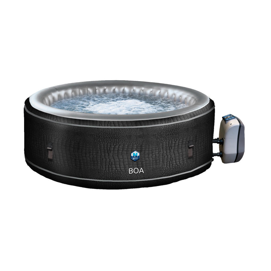 SPA WHIRLPOOL – Rund Ø 195 cm, Selbstaufblasend, Beheizt, Für 5 Personen, Outdoor & Indoor, Krokodil-Optik, Energiesparend, Wartungsfreundlich - Schwarz, Leder (195/70/195cm) - Netspa