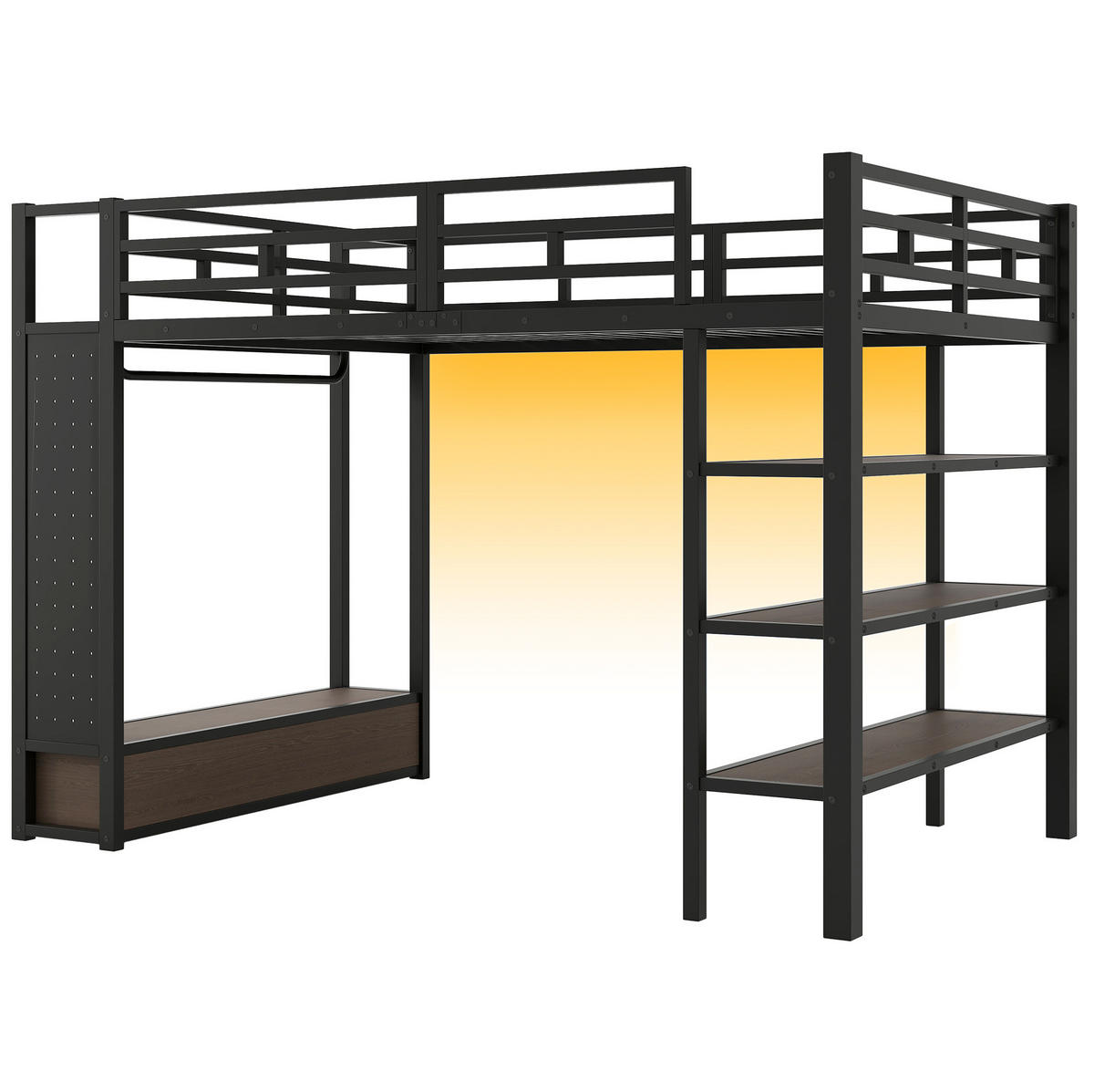HOCHBETT MDF & Metall 140x200 cm Schwarz mit Kleiderschrank, Regalen, Lochwand und LED-Beleuchtung - Schwarz, Holzwerkstoff (140/200cm) - Modfu