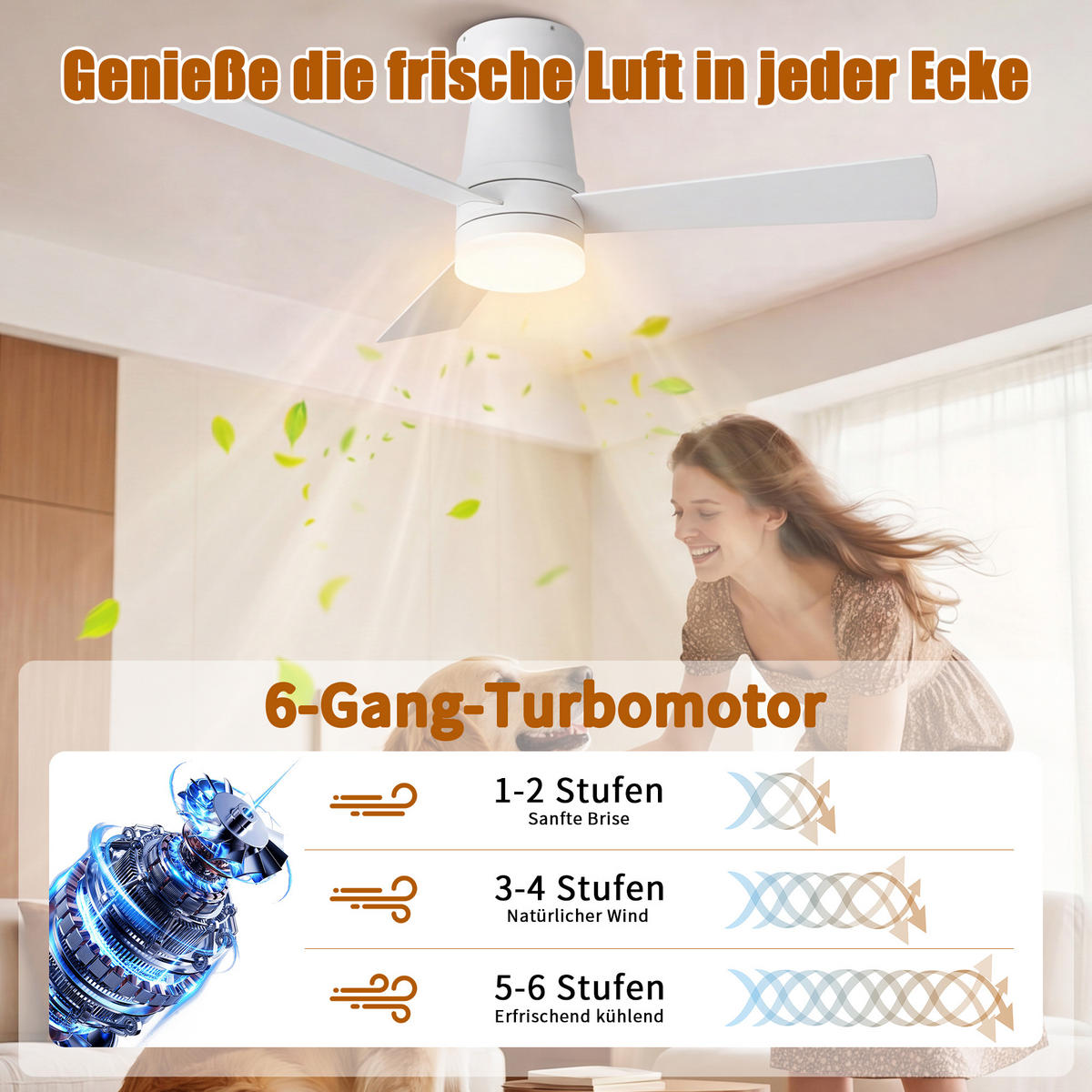 DECKENVENTILATOR mit LED-Licht, 132 cm, Weiß, 6 Stufen & Timer - Weiß, Metall (132/132/30cm) - EuroLiving
