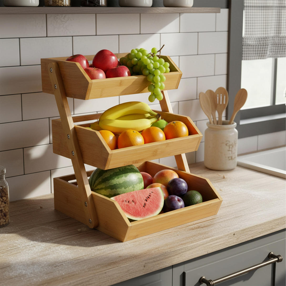 OBSTETAGERE - Hellbraun, Holz/Metall (41cm) - Relaxdays