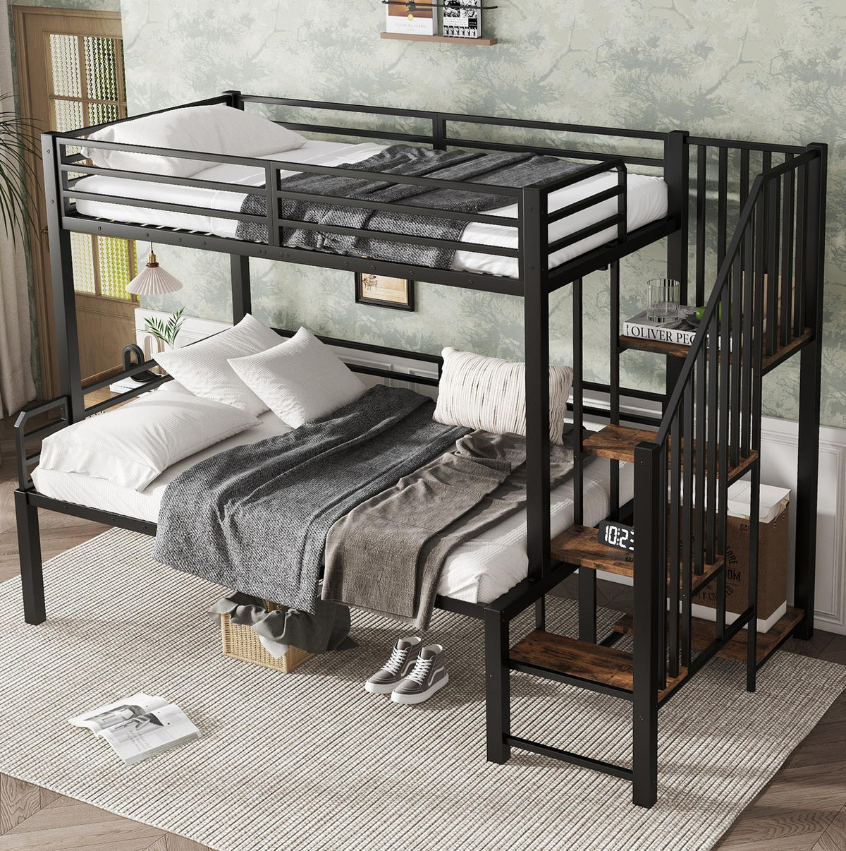 ETAGENBETT aus Metall und MDF 90/120x200 cm Schwarz/Vintage-Holzfarbe mit Eckleiter, Stauraum und Sicherheitsgittern - Schwarz, Holzwerkstoff (90/200cm) - Modfu