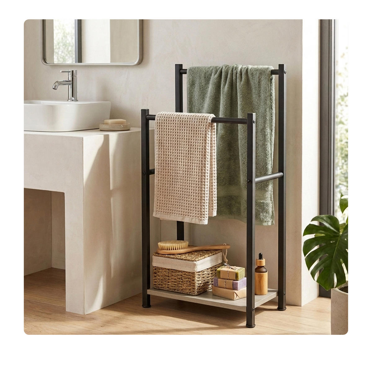 HANDTUCHSTÄNDER Schwarz-Grau Holzoptik mit Ablage 80 cm - Hellbraun/Schwarz, Holzwerkstoff/Metall (42/80/24cm) - Relaxdays