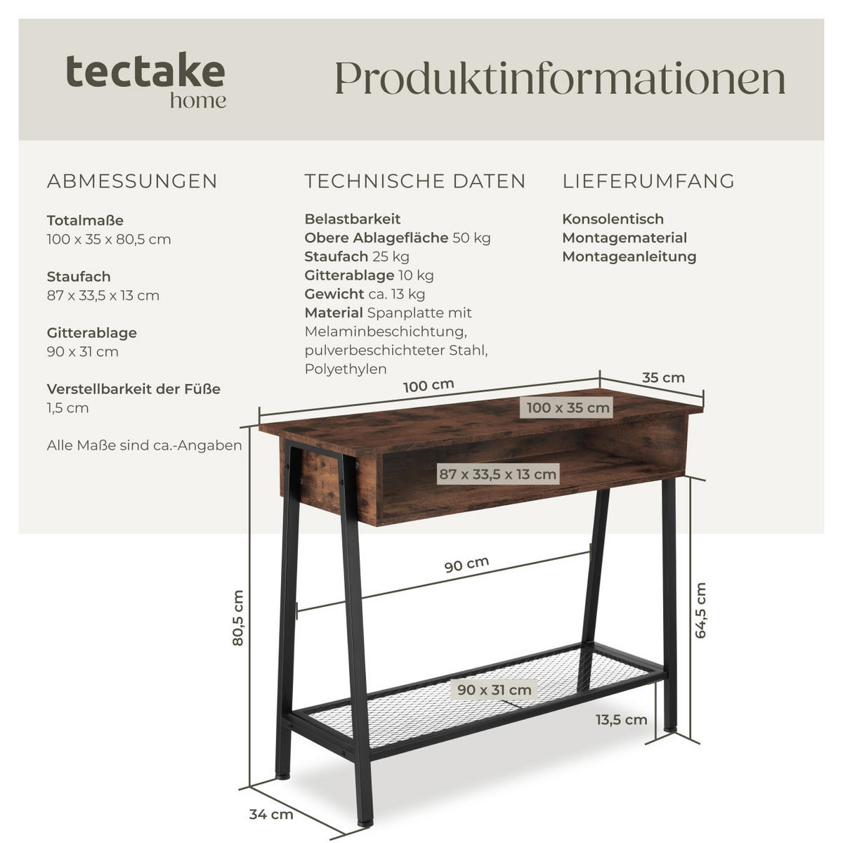 KONSOLENTISCH Tralee,100 x 35 x 80,5 cm,Industrial Holz dunkel, rustikal - Rostfarben, Holzwerkstoff (100/35/80.5cm) - tectake