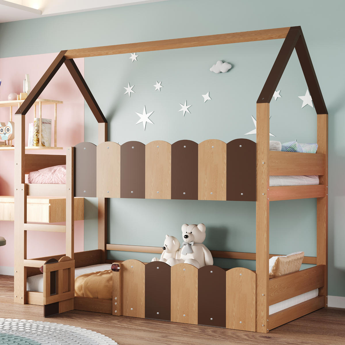 KINDER-ETAGENBETT aus Holz 90x200 cm Naturholz im Hausdesign mit Sicherheitsgeländern - Naturfarben, Holz (90/200cm) - IVMEU
