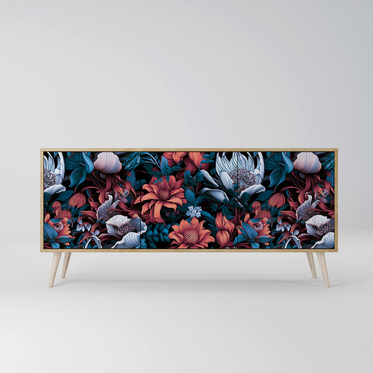 SIDEBOARD ETHEREAL BLOSSOMS, Eicheneffekt, 164,5x42x77,5 cm, 3 Türen - Eichefarben/Buchefarben, Holzwerkstoff/Buchenholz (164.5/77.5/42cm) - SpaceRebels