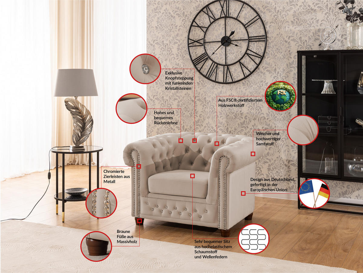 CHESTERFIELD-SESSEL Cleo Blink Beige Samt mit Kristallsteppung und braunen Massivholzfüßen - Beige/Braun, Holz/Textil (104/72/86cm) - S-Style Möbel