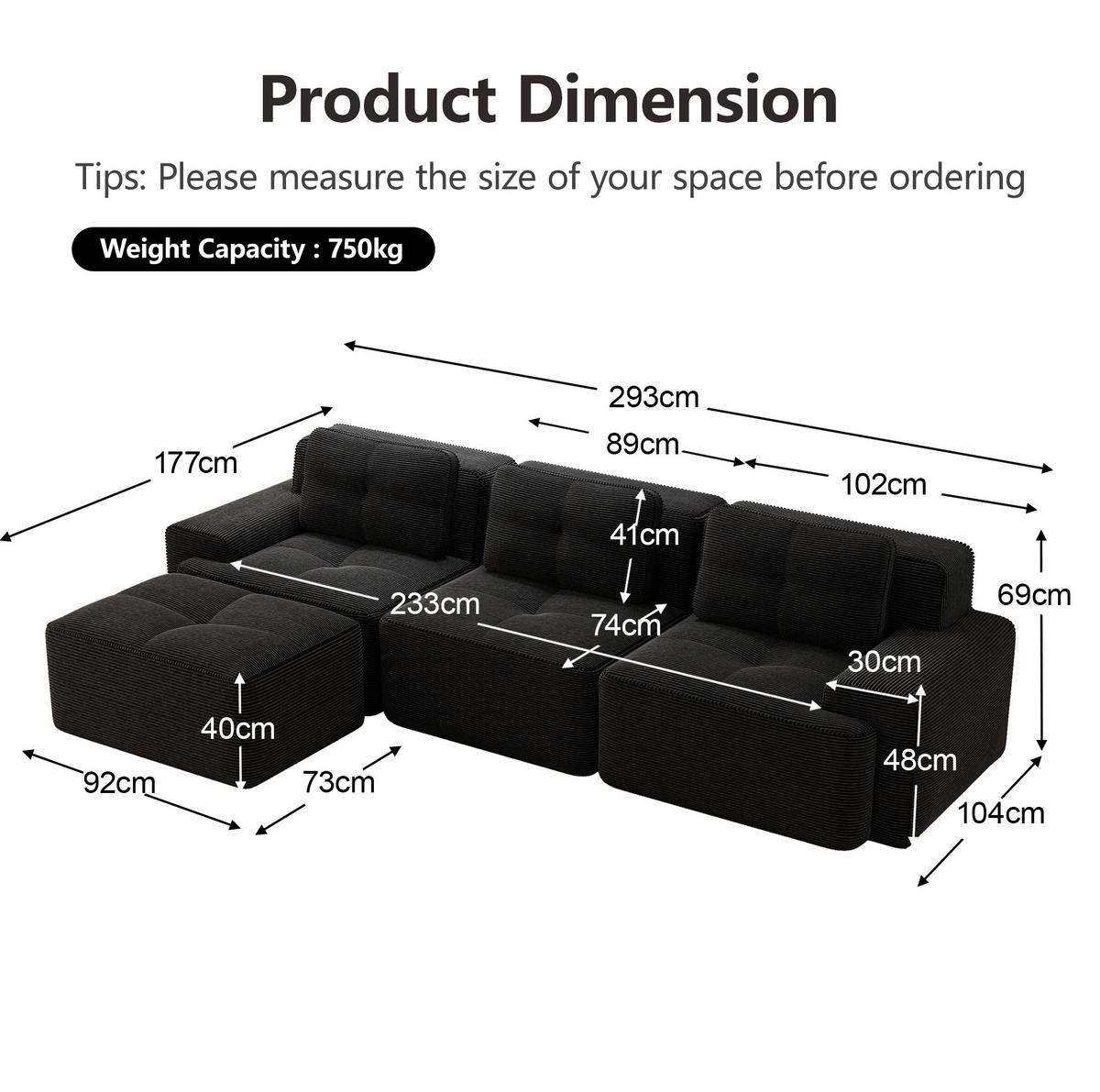ECKSOFA 293/104/69 cm schwarz aus Cord ohne Montage - Schwarz, Textil (177/293cm) - OKWISH