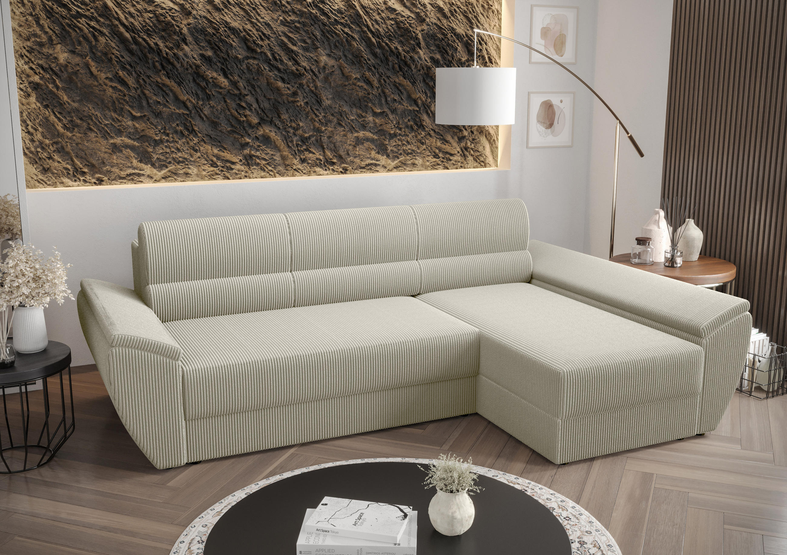 ECKSOFA L REBI L3 Poso 100 Rechts mit Schlaffunktion, Beige - Beige, Textil (251/140cm)