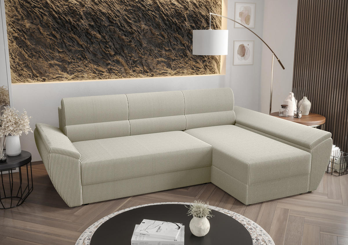 ECKSOFA L REBI L3 Poso 100 Rechts mit Schlaffunktion, Beige - Beige, Textil (251/140cm)