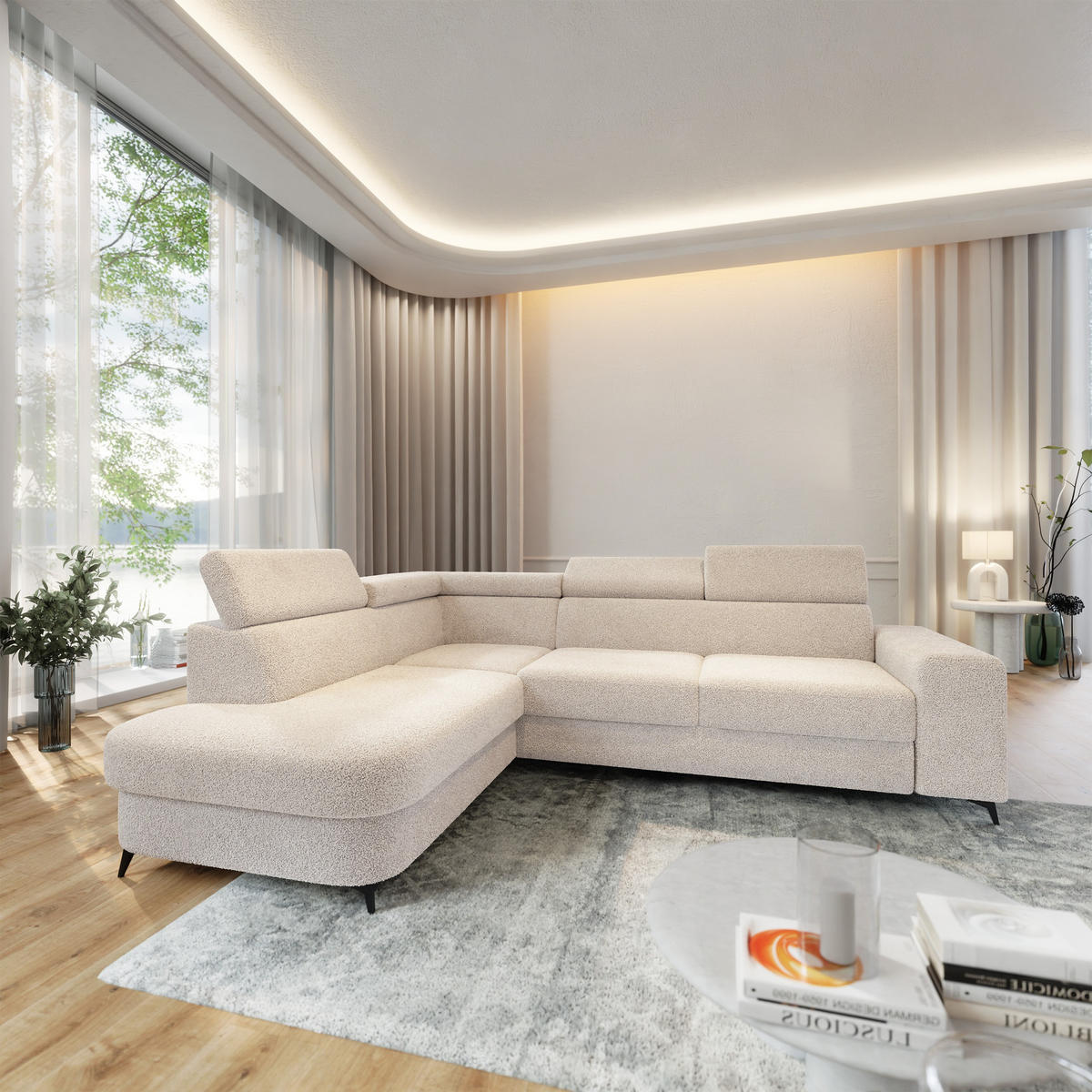 ECKSOFA ALVORO L-S Creme Boucle-Stoff mit Schlaffunktion - Creme, Holz (253/190cm) - MASSENO