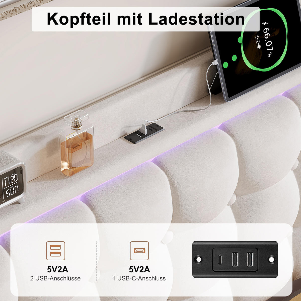 POLSTERBETT 140x200 cm mit LED und USB, Doppelbett mit Lattenrost und Kopfteil, Samtbezug, Weiße - Weiß, Holzwerkstoff/Textil (140/200cm) - GENKI LIVING