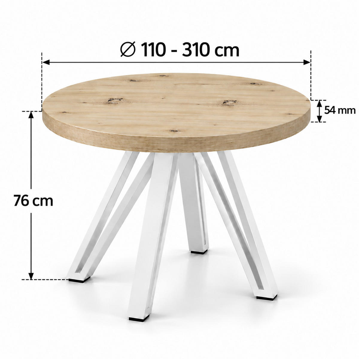 ESSTISCH rund ausziehbar 110/310/76 cm, Eiche Artisan, 54 cm Tischplatte + Industrial Metallgestell Weiß - Weiß/Eiche Artisan, Holzwerkstoff/Metall (110/310/76cm) - Damale Möbel