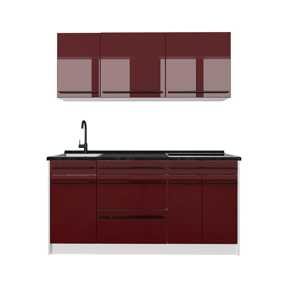 SINGLEKÜCHE R-Line, Rot Hochglanz/Weiß, 160 cm Arbeitsplatte Anthrazit - Rot/Weiß, Holzwerkstoff (160/81.6/60cm) - Vicco