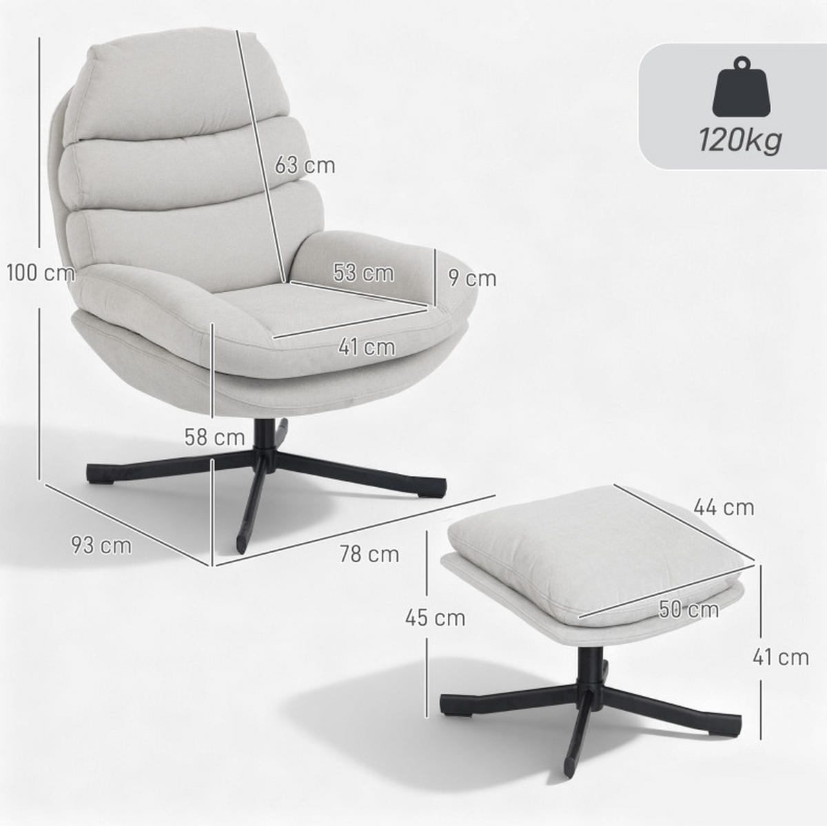 RELAXSESSEL 78/100/93 cm Cremeweiß aus Polyester mit Hocker - Creme, Textil (78/100/93cm) - OKMYHOME