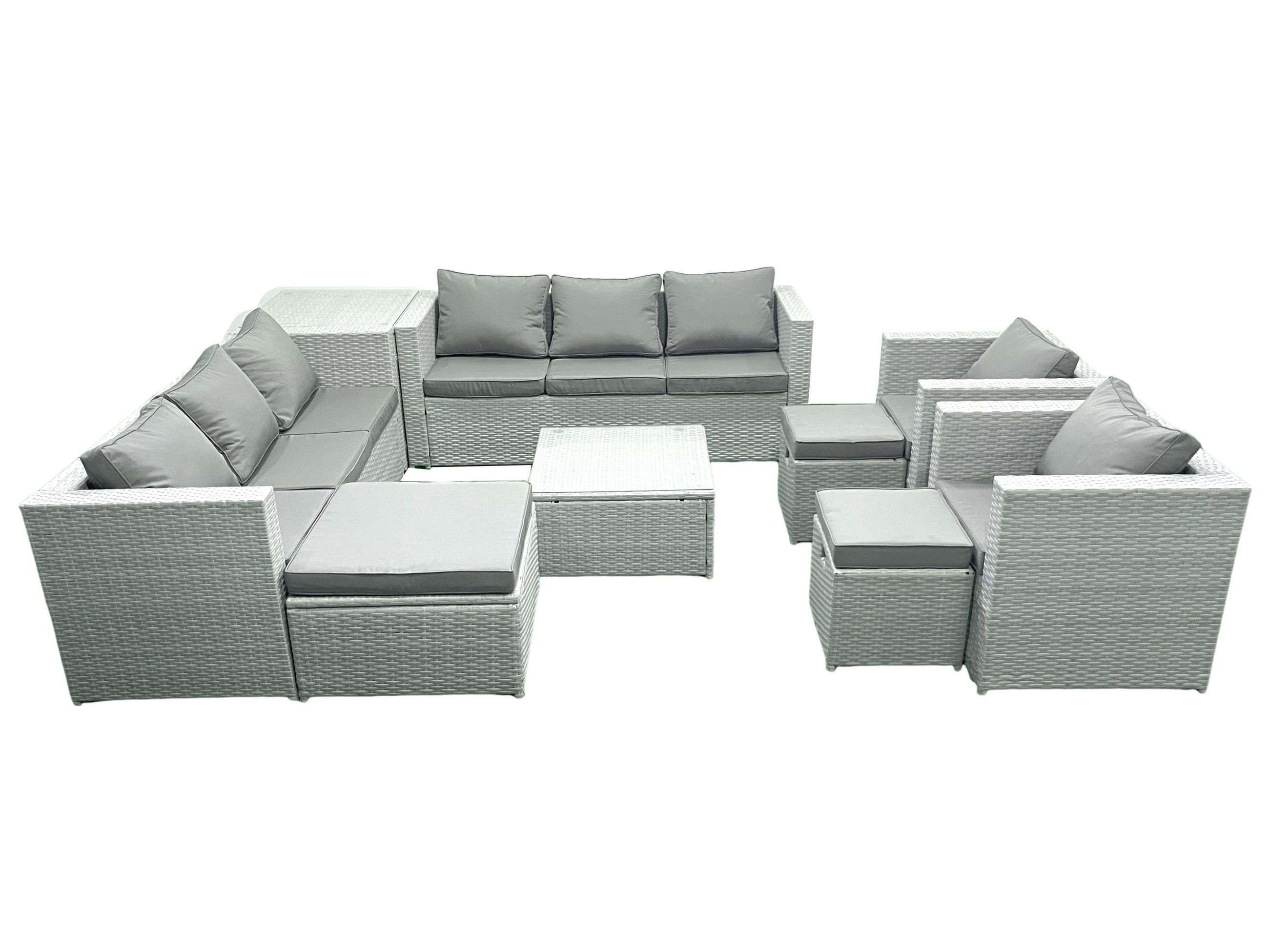 GARTENMÖBEL-SET mit Kissen Polyrattan Hellgrau-Mix 11-Sitzer - Hellgrau/Grau, Glas/Kunststoff - Fimous