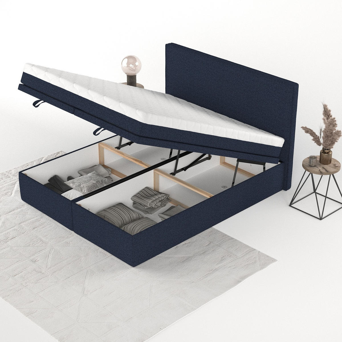 BOXBETT Zalla 200/200 cm Marineblau im Riva Stoff - Schwarz/Dunkelblau, Holz/Holzwerkstoff (200/200cm) - AltaBeds