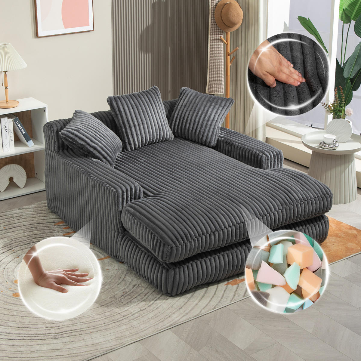 BIGSOFA Chaiselongue Cord mit 3 Kissen 125/155/63 cm Dunkelgrau - Dunkelgrau, Textil (63/125/155cm) - Redom