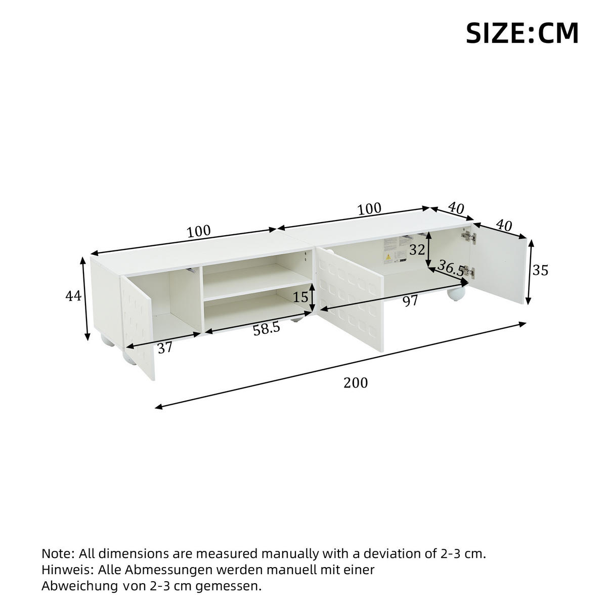 LOWBOARD 200/40/44 cm aus Spanplatte mit bedruckten Fronten und halboffenem Fach Weiß - Weiß, Holzwerkstoff (200/44/40cm) - Modenvie