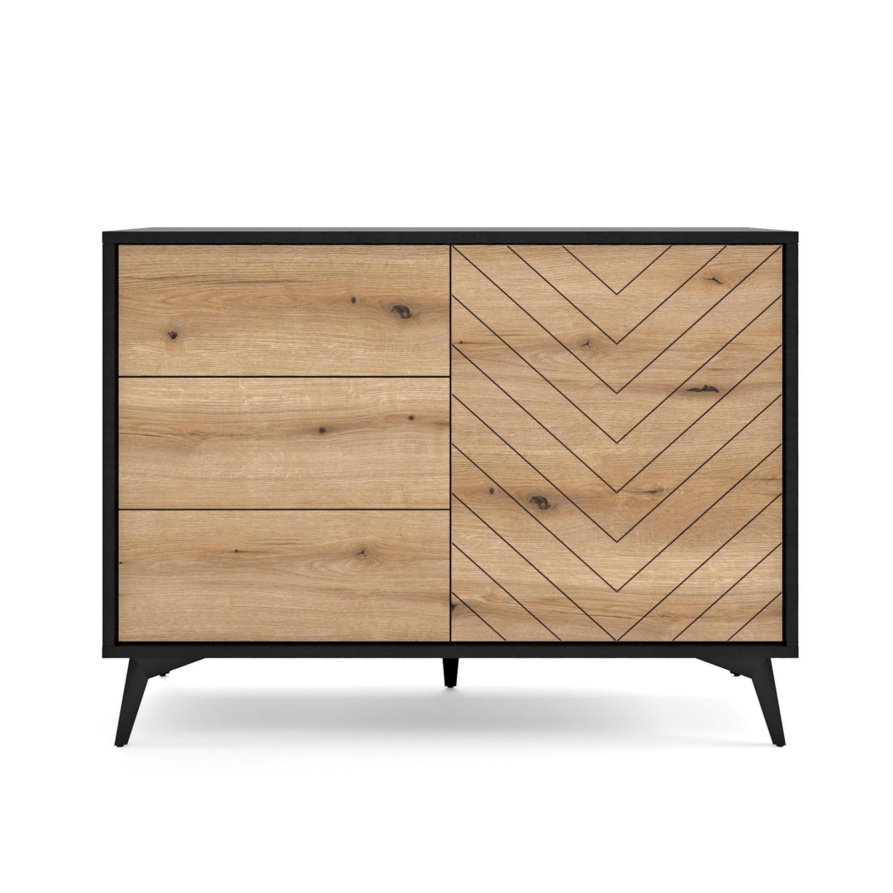 SIDEBOARD Boulia Schwarz mit Fischgrätfronten in Eiche 104 cm - Eichefarben/Schwarz, Holzwerkstoff/Metall (104/77/39cm) - Selsey