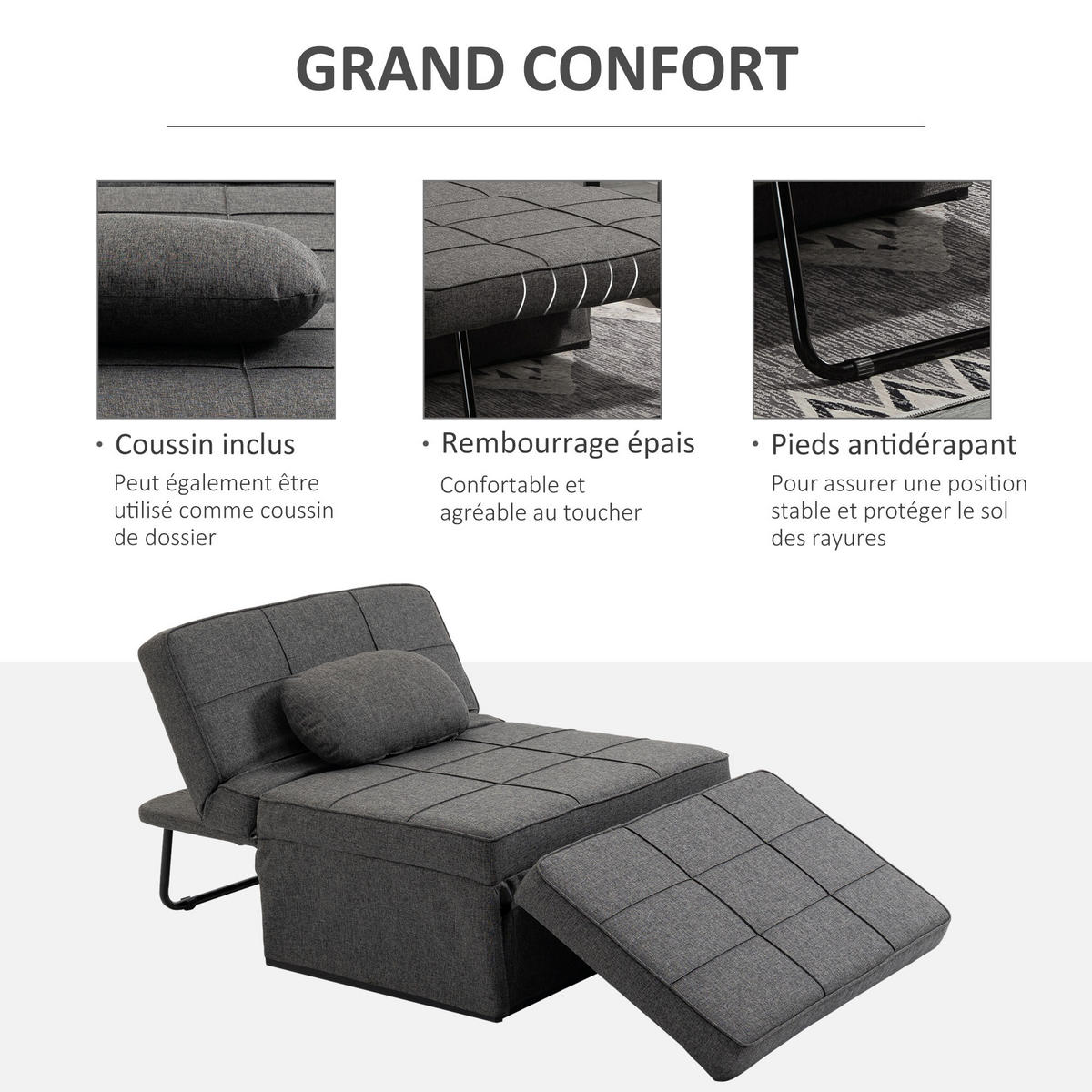 SCHLAFSESSEL 4-in-1 DE-14539 mit 5-fach verstellbarer Rückenlehne Grau - Grau, Metall (179/78/95cm) - ComfortXL