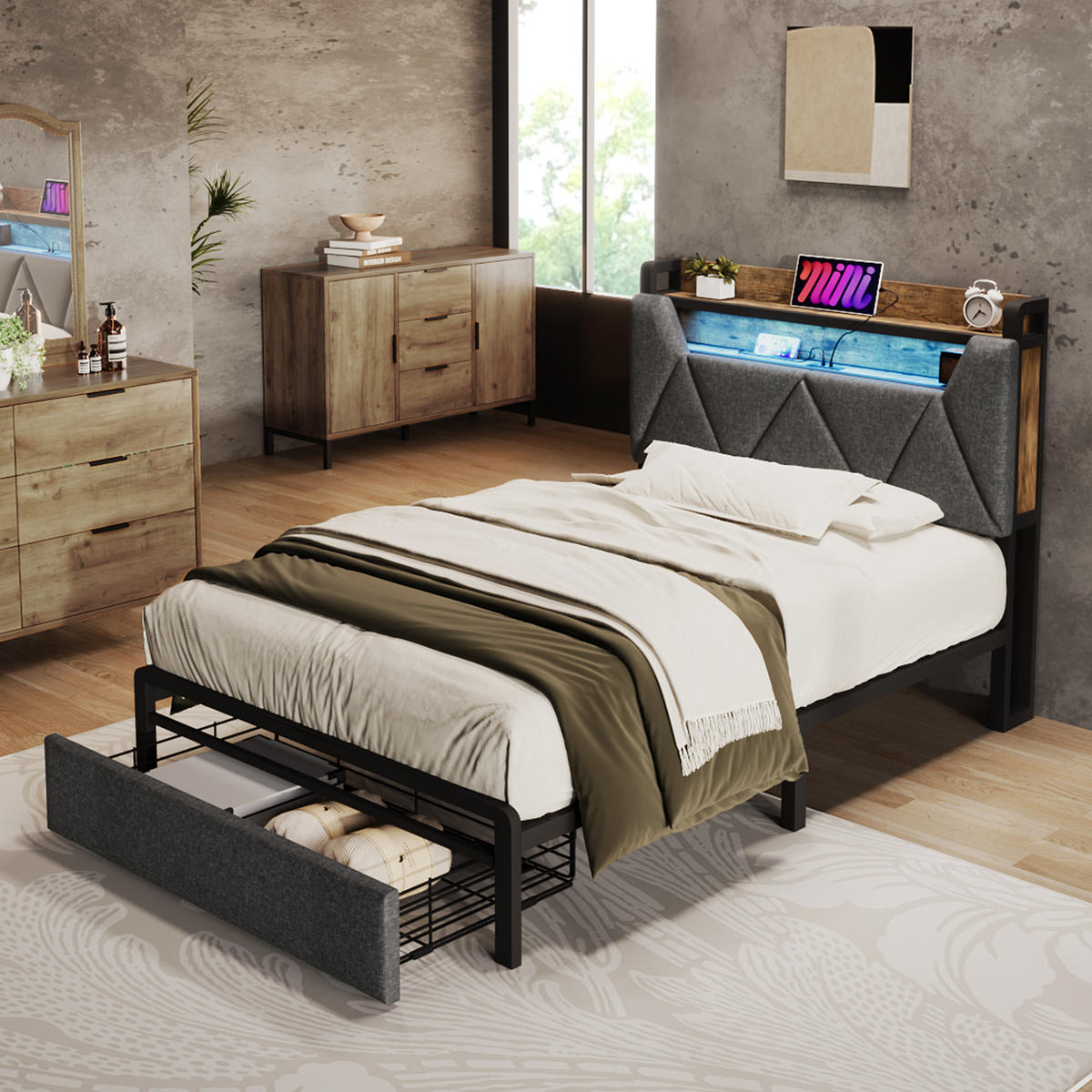 POLSTERBETT 90/200 cm Grau mit Stauraum-Kopfteil und LED-Beleuchtung - Grau, Textil (90/200cm) - OKWISH