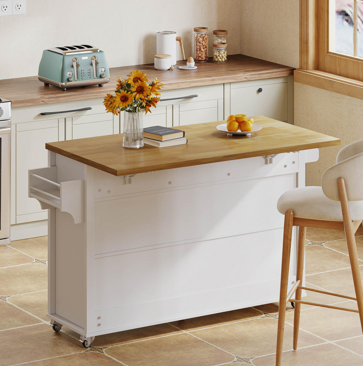 KÜCHENINSEL 140/43/90,5 cm Weiß/Natur aus MDF mit Klappplatte - Weiß, Holzwerkstoff (140/90.5/70cm) - OKWISH