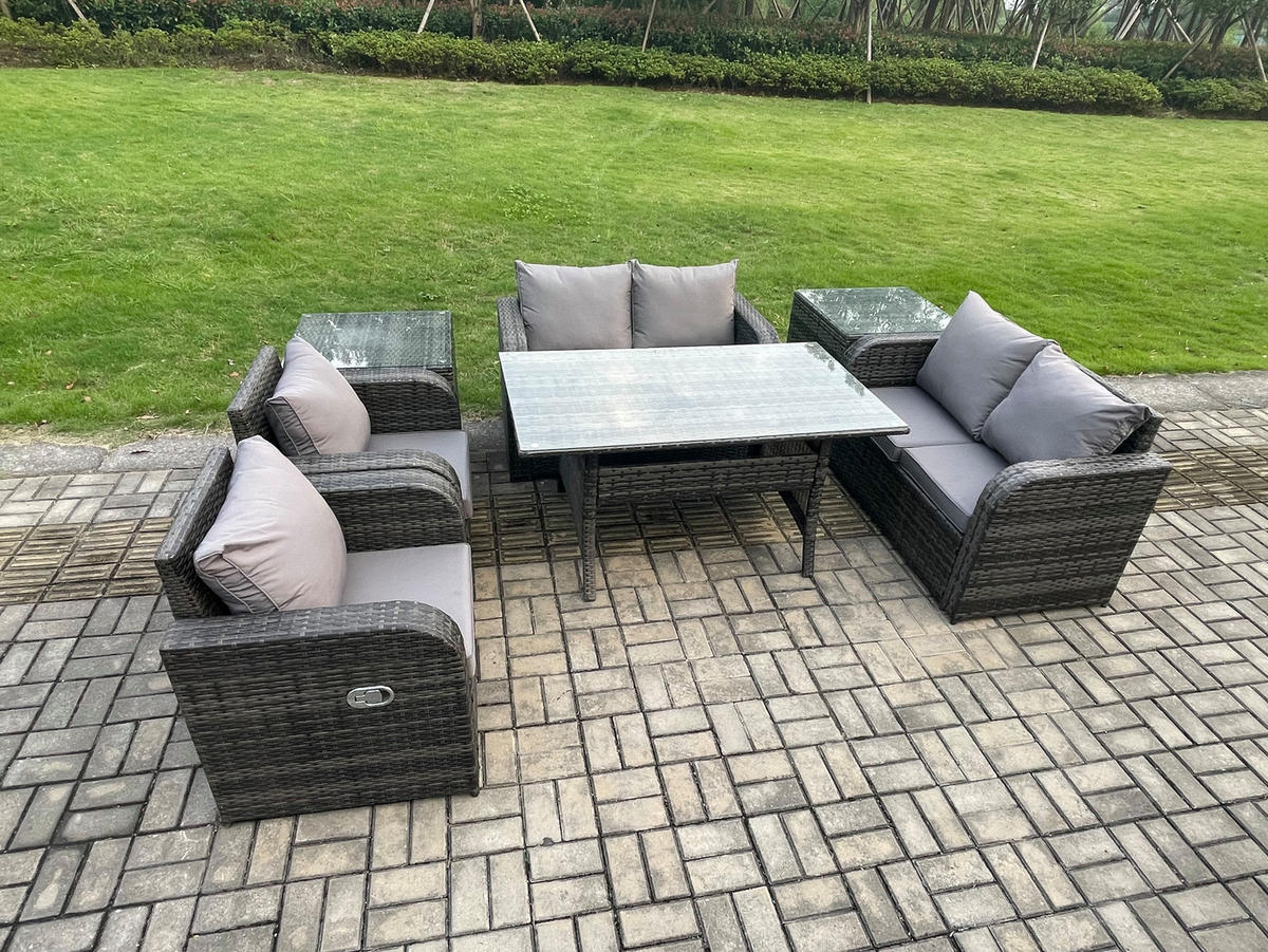 GARTENSET mit Zweisitzer,Esstisch,Beistelltischen Polyrattan 6-Sitzer - Dunkelgrau/Grau, Glas/Kunststoff - Fimous