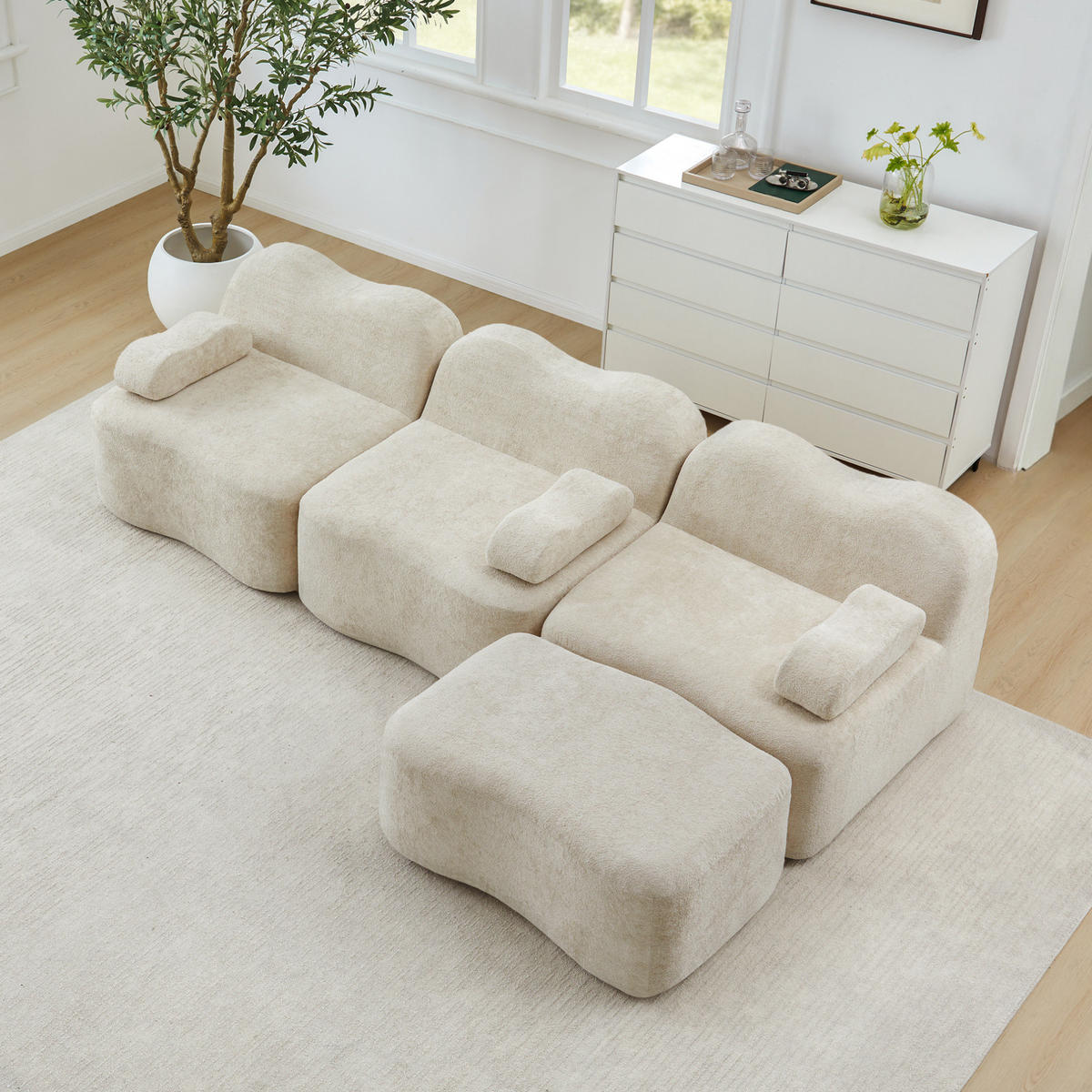 SOFA modular 2-4-Sitzer Samt Beige mit Hocker - Beige, Textil (167/288cm) - Meubliv