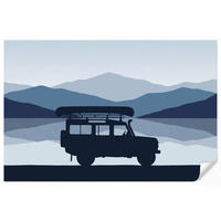 KINDERTAPETE - Auto - See - Berge - Blau - 350x220 cm - Blaugrau, Papier (350/220cm) - OnlyWow