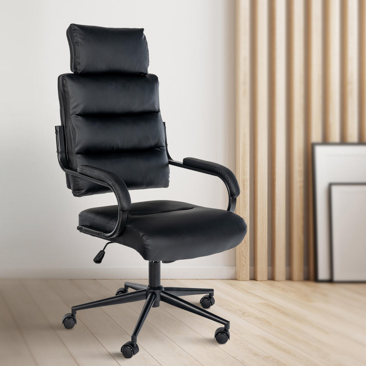 DREHSTUHL Lederlook Schwarz/Schwarz - Chromfarben/Schwarz, Textil/Metall (61/119/78cm) - CLP