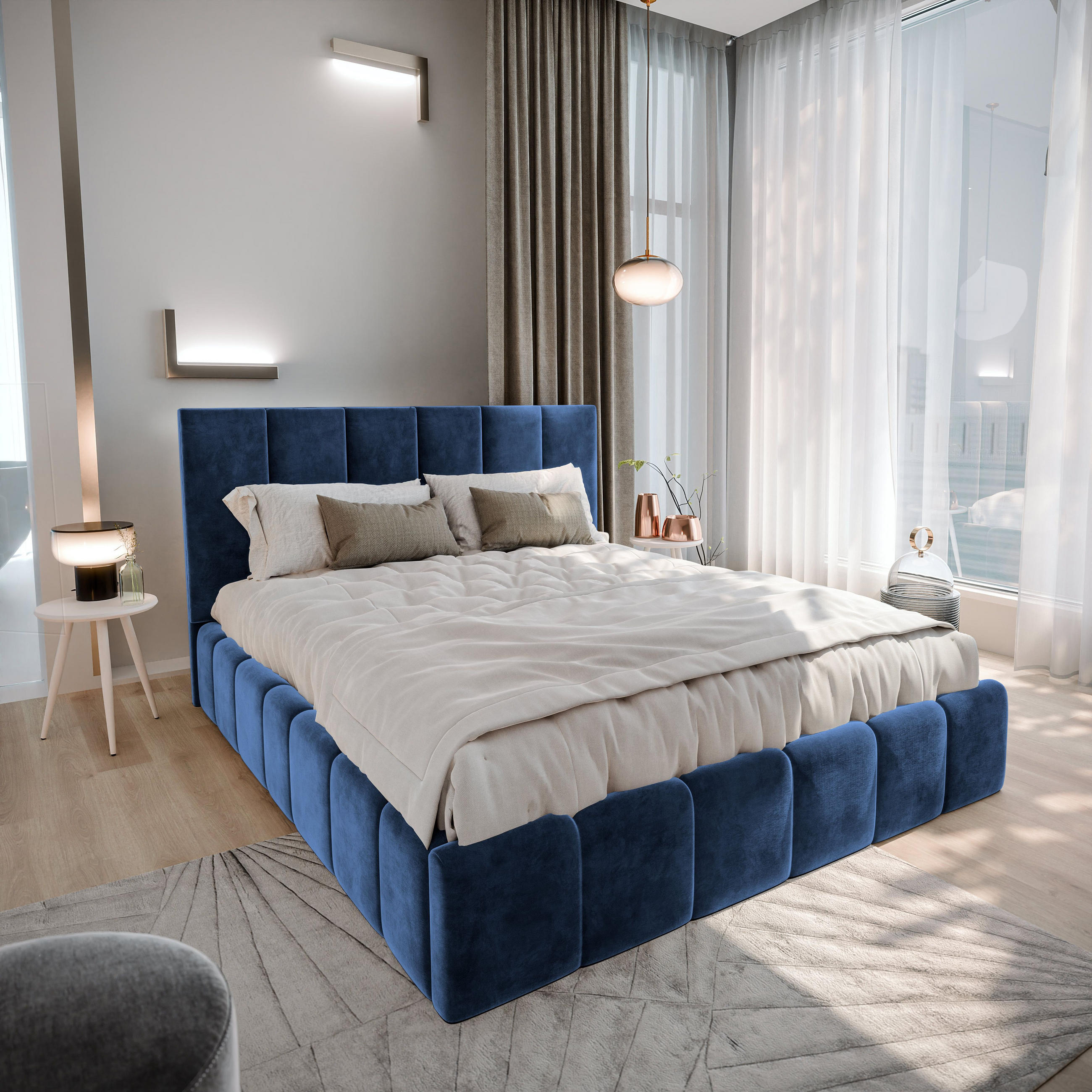 POLSTERBETT TARANTO 140x200 cm mit Bettkästen - Blau - Blau, Holz (140/200cm) - MASSENO