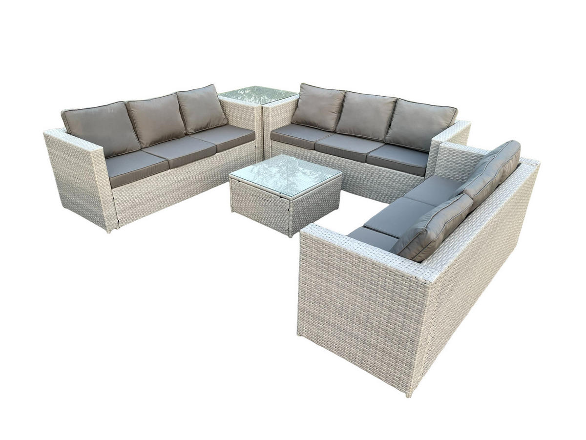 GARTENSOFA SET mit Couchtisch Polyrattan Helles Grau 9-Sitzer - Hellgrau, Metall - Fimous