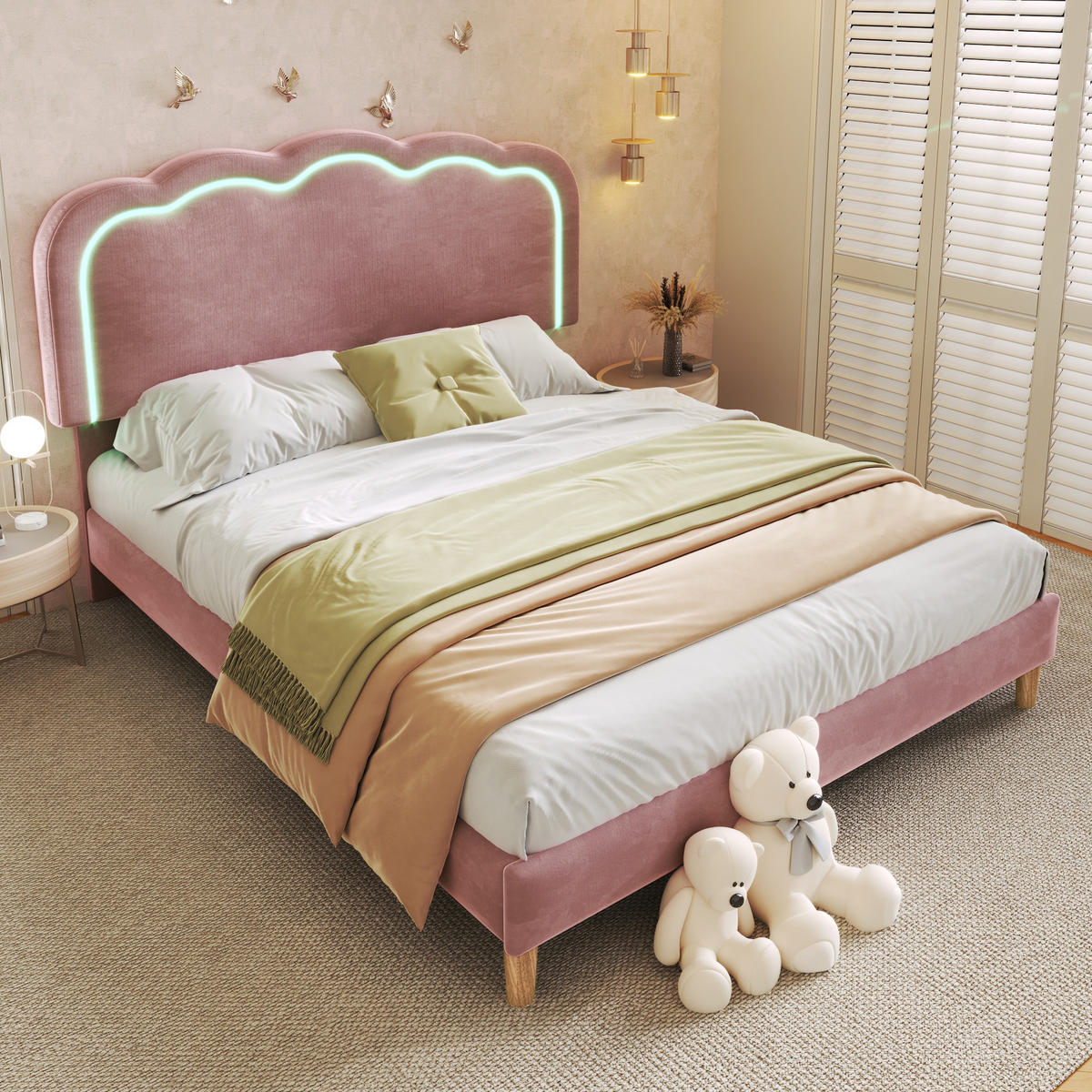 POLSTERBETT 140/200 cm in Rosa Samt mit Lattenrost - Pink, Holz/Textil (140/200cm) - KOMHTOM